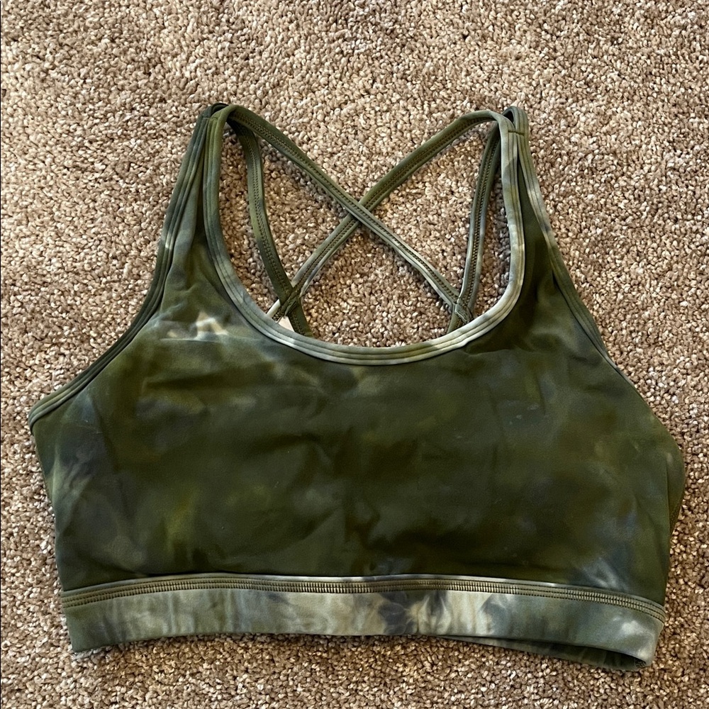 Olive Green Tie-Dye Strappy Sports Bra - Women